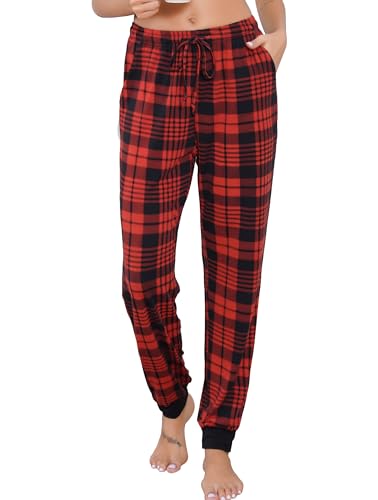 Vlazom Damen Karierte Schlafanzughose weich Pyjamahose für Frauen Jogginghose Lange blickdicht Sporthose（XXL，Schwarzes Rotes Karo） von Vlazom