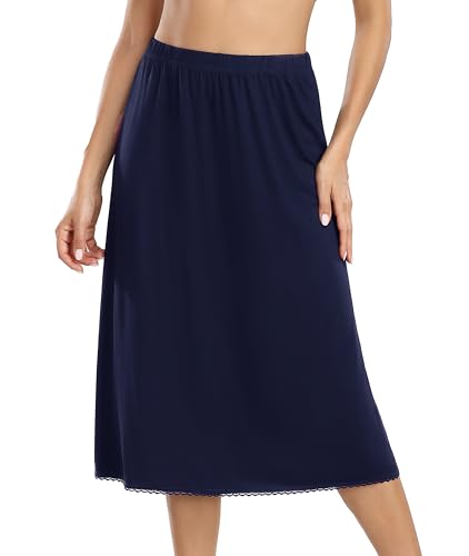 Vlazom Damen Modal Lang Rock Halbe Slips Unterkleider mit Spitzensaum Unterrock（XXL，Marineblau） von Vlazom