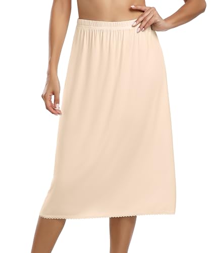 Vlazom Damen Modal Lang Rock Halbe Slips Unterkleider mit Spitzensaum Unterrock（XXL，Nude） von Vlazom