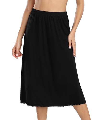 Vlazom Damen Modal Lang Rock Halbe Slips Unterkleider mit Spitzensaum Unterrock（XXL，Schwarz） von Vlazom