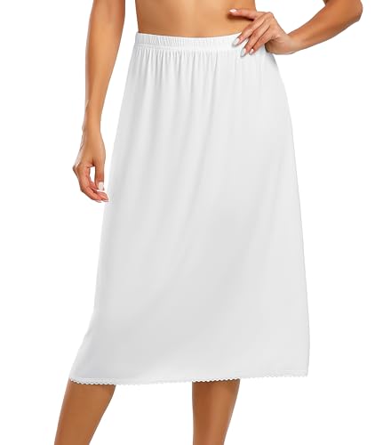 Vlazom Damen Modal Lang Rock mit Spitze Halbe Slips Unterkleider（L，Weiß） von Vlazom