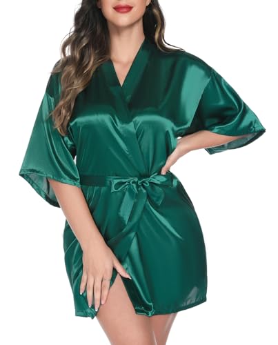 Vlazom Kimono Robe Damen Morgenmantel Kurzer Satin Bademantel Mit Gürtel V-Ausschnitt Kimono(M,Grün) von Vlazom