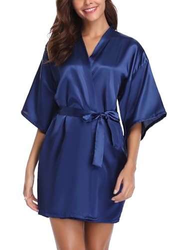 Vlazom Kimono Robe Damen Morgenmantel Kurzer Satin Bademantel Mit Gürtel V-Ausschnitt Kimono(S,Dunkelblau) von Vlazom