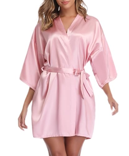 Vlazom Kimono Robe Damen Morgenmantel Kurzer Satin Bademantel Mit Gürtel V-Ausschnitt Kimono(S,Rosa) von Vlazom