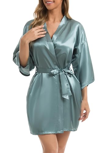 Vlazom Kimono Robe Damen Morgenmantel Kurzer Satin Bademantel Mit Gürtel V-Ausschnitt Kimono(M,Hellgrün) von Vlazom