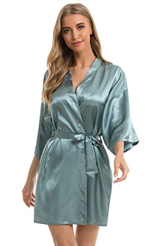 Vlazom Kimono Robe Damen Morgenmantel Kurzer Satin Bademantel Mit Gürtel V-Ausschnitt Kimono(S,Hellgrün) von Vlazom