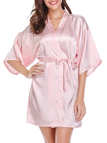 Vlazom Kimono Robe Damen Morgenmantel Kurzer Satin Bademantel Mit Gürtel V-Ausschnitt Kimono(M,Hellrosa) von Vlazom