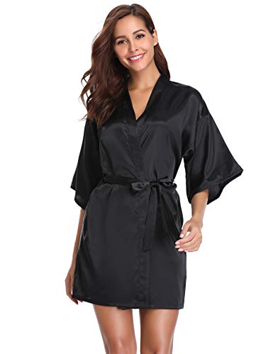 Vlazom Kimono Robe Damen Morgenmantel Kurzer Satin Bademantel Mit Gürtel V-Ausschnitt Kimono(XXL,Schwarz) von Vlazom