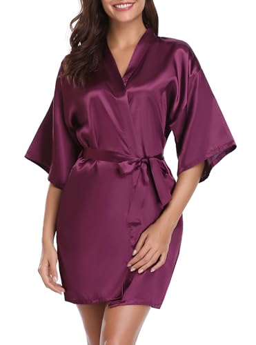 Vlazom Kimono Robe Damen Morgenmantel Kurzer Satin Bademantel Mit Gürtel V-Ausschnitt Kimono(L,Violett) von Vlazom