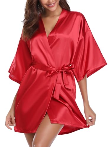 Vlazom Kimono Robe Damen Morgenmantel Kurzer Satin Bademantel Mit Gürtel V-Ausschnitt Kimono(L,Rot) von Vlazom