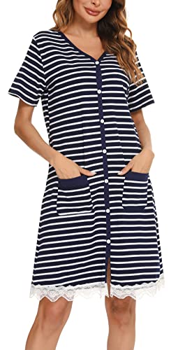 Vlazom Damen Nachthemd Baumwolle Streifen Nachtkleid V-Ausschnitt Stillnachthemd Kurzarm Knopfleiste umstandsnachthemd Schlafshirt mit Taschen(M,Stil B-Marineblau) von Vlazom