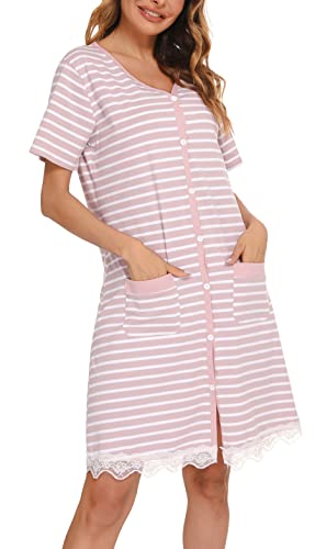 Vlazom Damen Nachthemd Baumwolle Streifen Nachtkleid V-Ausschnitt Stillnachthemd Kurzarm Knopfleiste umstandsnachthemd Schlafshirt mit Taschen(XL,Stil B-rosa) von Vlazom