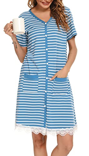 Vlazom Damen Nachthemd Baumwolle Streifen Nachtkleid V-Ausschnitt Stillnachthemd Kurzarm Knopfleiste umstandsnachthemd Schlafshirt mit Taschen(XXL,Stil B-Kobaltblau) von Vlazom