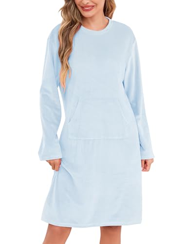 Vlazom Damen Nachthemd Flanell Langarm Schlafhemd Winter Wärmer Nachtkleid mit Tasche Nachtwäsche Sleepwear（Hellblau，XL） von Vlazom