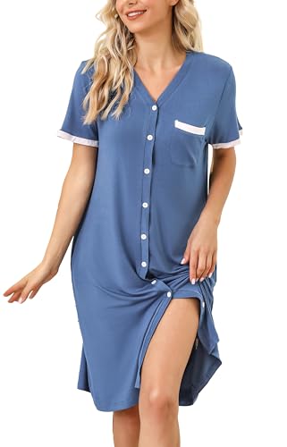 Vlazom Damen Nachthemd Kurzarm V-Ausschcnitt Nachtwäsche Negligee Weich Umstandskleid Stillnachthemd mit Knopfleiste（XXL，Hellblau） von Vlazom