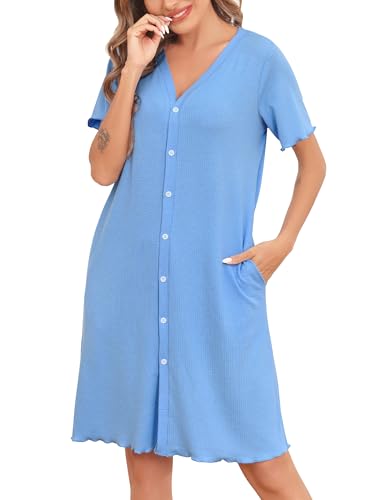Vlazom Damen Nachthemd Kurzarm V-Ausschnitt mit Knopfleiste Weich Rippenstrick Nachtwäsche Stillnachthemd Schlafhemd（L，Blau von Vlazom