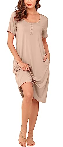 Vlazom Damen Nachthemd Kurzarm weiches Schlafhemd U-Ausschnitt langes Schlafkleid mit Knöpfe Dekor und Seitentaschen（L,Beige） von Vlazom