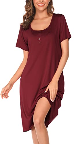 Vlazom Damen Nachthemd Kurzarm weiches Schlafhemd U-Ausschnitt langes Schlafkleid mit Knöpfe Dekor und Seitentaschen（XL,Weinrot） von Vlazom