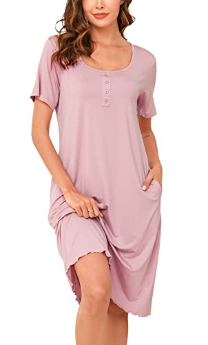 Vlazom Damen Nachthemd Kurzarm weiches Schlafhemd U-Ausschnitt langes Schlafkleid mit Knöpfe Dekor und Seitentaschen（XXL,Rosa） von Vlazom