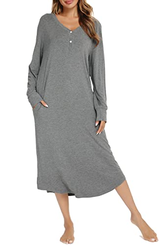 Vlazom Nachthemd Damen Langarm Schlafkleid V-Ausschcnitt Weich Umstandskleid Stillnachthemd Sleepshirt mit Taschen(XL,Stil B-grau) von Vlazom