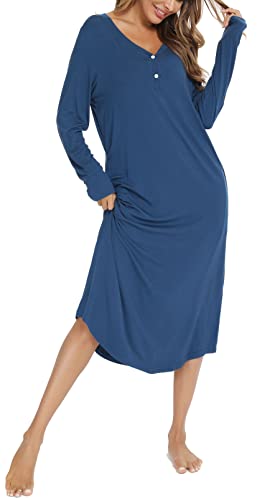 Vlazom Nachthemd Damen Langarm Schlafkleid V-Ausschcnitt Weich Umstandskleid Stillnachthemd Sleepshirt mit Taschen(L,Stil B-Kobaltblau) von Vlazom