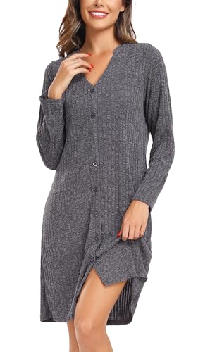 Vlazom Damen Nachthemd Langearm V-Ausschnitt mit Knöpfe Weich Rippenstrick Nachtwäsche Loungewear（L，Dunkelgrau） von Vlazom