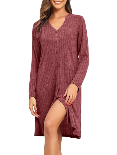 Vlazom Damen Nachthemd Langearm V-Ausschnitt mit Knöpfe Weich Rippenstrick Nachtwäsche Loungewear（M，Weinrot） von Vlazom