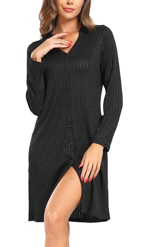 Vlazom Damen Nachthemd Langearm V-Ausschnitt mit Knöpfe Weich Rippenstrick Nachtwäsche Loungewear（S，Schwarz） von Vlazom