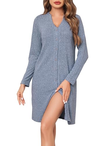 Vlazom Damen Nachthemd Langearm V-Ausschnitt mit Knöpfe Weich Rippenstrick Nachtwäsche Loungewear（XL，Hellblau） von Vlazom