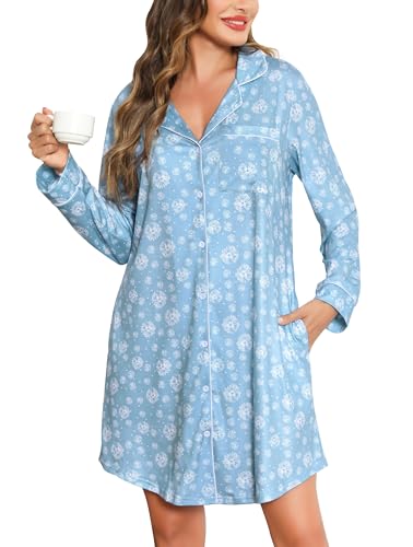 Vlazom Damen Nachthemd Langearm V-Ausschnitt mit Knöpfe Weich Umstandskleid Stillnachthemd Sleepshirt Nachthemd Freizeitkleid（L，Stil A-Blaue Schneeflocke） von Vlazom
