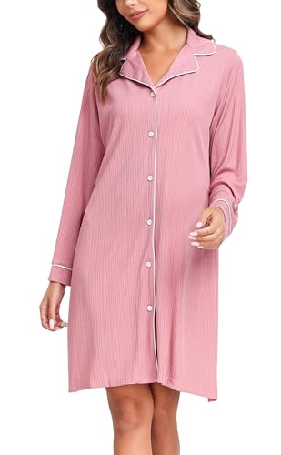 Vlazom Damen Nachthemd Langearm V-Ausschnitt mit Knöpfe Weich Umstandskleid Stillnachthemd Sleepshirt Nachthemd Freizeitkleid（L，Stil A-Rosa） von Vlazom