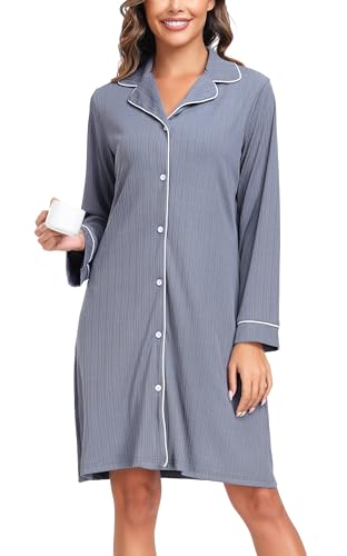 Vlazom Damen Nachthemd Langearm V-Ausschnitt mit Knöpfe Weich Umstandskleid Stillnachthemd Sleepshirt Nachthemd Freizeitkleid（M，Stil A-Grau） von Vlazom