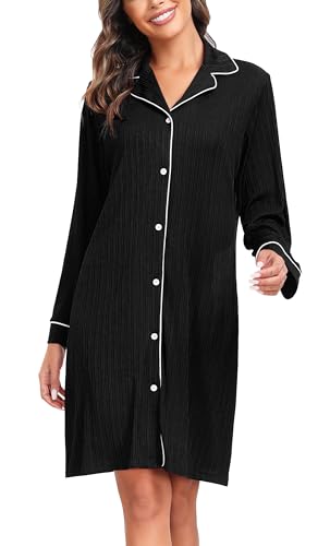 Vlazom Damen Nachthemd Langearm V-Ausschnitt mit Knöpfe Weich Umstandskleid Stillnachthemd Sleepshirt Nachthemd Freizeitkleid（M，Stil A-Schwarz） von Vlazom