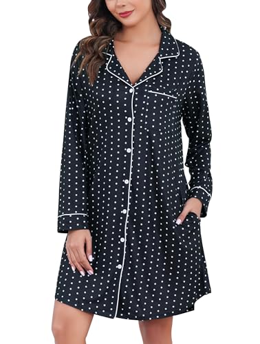 Vlazom Damen Nachthemd Langearm V-Ausschnitt mit Knöpfe Weich Umstandskleid Stillnachthemd Sleepshirt Nachthemd Freizeitkleid（M，Stil A-Schwarzer Polka Dot） von Vlazom