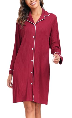 Vlazom Damen Nachthemd Langearm V-Ausschnitt mit Knöpfe Weich Umstandskleid Stillnachthemd Sleepshirt Nachthemd Freizeitkleid（XXL，Stil A-Burgunderrot） von Vlazom