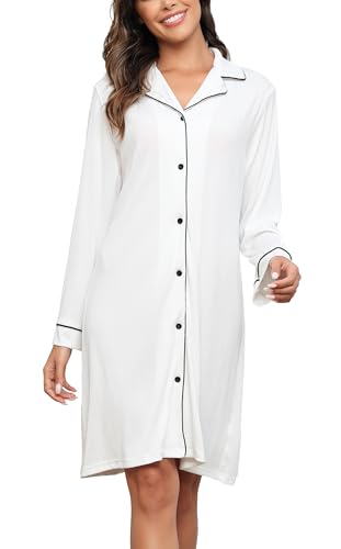 Vlazom Damen Nachthemd Langearm V-Ausschnitt mit Knöpfe Weich Umstandskleid Stillnachthemd Sleepshirt Nachthemd Freizeitkleid（XXL，Stil A-Weiß） von Vlazom