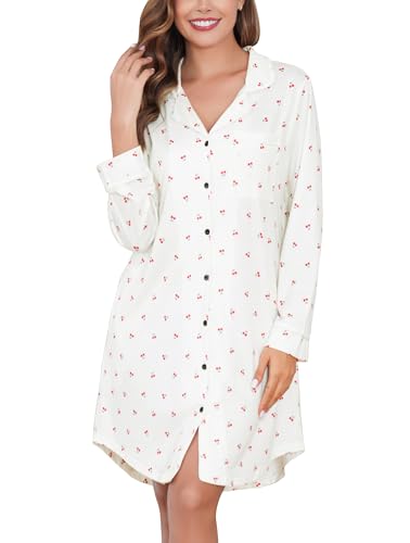 Vlazom Damen Nachthemd Langearm V-Ausschnitt mit Knöpfe Weich Umstandskleid Stillnachthemd Sleepshirt Nachthemd Freizeitkleid（XXL，Stil A-Weiße Kirsche） von Vlazom