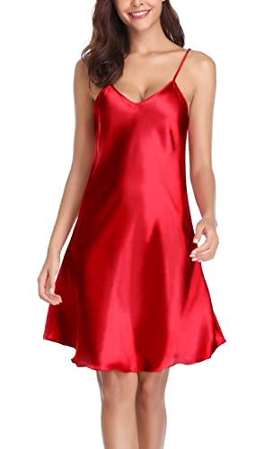 Vlazom Damen Nachthemd Satin Sexy Negligee Unterkleid mit Spaghettiträger V Ausschnitt Nachtkleid für Frauen(XL,Stil A-Rot) von Vlazom