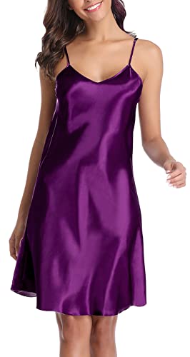 Vlazom Damen Nachthemd Satin Sexy Negligee Unterkleid mit Spaghettiträger V Ausschnitt Nachtkleid für Frauen(XXXL,Stil A-Violett) von Vlazom