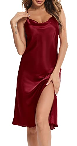 Vlazom Damen Nachthemd Satin Sexy Negligee Unterkleid mit Spaghettiträger V Ausschnitt Nachtkleid für Frauen(L,Stil C-Weinrot) von Vlazom