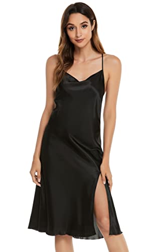 Vlazom Damen Nachthemd Satin Sexy Negligee Unterkleid mit Spaghettiträger V Ausschnitt Nachtkleid für Frauen(XL,Stil C-Schwarz) von Vlazom