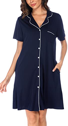 Vlazom Damen Nachthemd Umlegekragen mit Knöpfe Kurzarm Nachthemd mit Brusttasche(L,Marineblau) von Vlazom