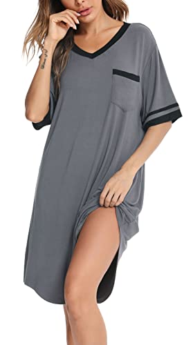 Vlazom Nachthemd Damen Kurzarm Nachtwäsche Weich Nachtkleid Große Größen Schlafshirt Sommer Sleepshirt(L,Dunkelgrau) von Vlazom