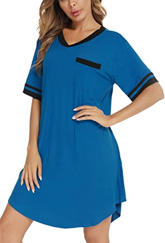 Vlazom Nachthemd Damen Kurzarm Nachtwäsche Weich Nachtkleid Große Größen Schlafshirt Sommer Sleepshirt(L,Blau) von Vlazom