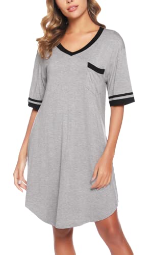 Vlazom Nachthemd Damen Kurzarm Nachtwäsche Weich Nachtkleid Große Größen Schlafshirt Sommer Sleepshirt(M,Grau) von Vlazom