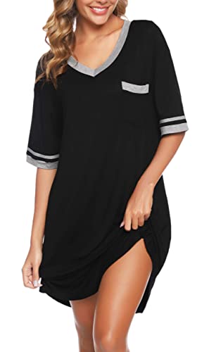 Vlazom Nachthemd Damen Kurzarm Nachtwäsche Weich Nachtkleid Große Größen Schlafshirt Sommer Sleepshirt(XL,Schwarz) von Vlazom