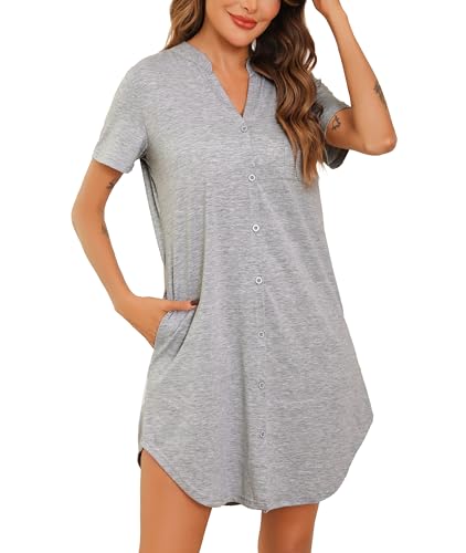 Vlazom Damen Nachthemd V-Ausschnitt Kurzarm Schlafkleid Sommer Schlafhemdmit Knöpfe und Seitentaschen（M，Stil B-Hellgrau） von Vlazom
