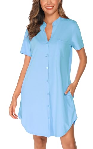 Vlazom Damen Nachthemd V-Ausschnitt Kurzarm Schlafkleid Sommer Schlafhemdmit Knöpfe und Seitentaschen（M，Stil B-Himmelblau） von Vlazom