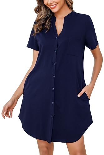 Vlazom Damen Nachthemd V-Ausschnitt Kurzarm Schlafkleid Sommer Schlafhemdmit Knöpfe und Seitentaschen（M，Stil B-Marineblau） von Vlazom