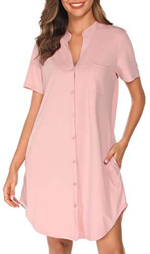 Vlazom Damen Nachthemd V-Ausschnitt Kurzarm Schlafkleid Sommer Schlafhemdmit Knöpfe und Seitentaschen（M,Stil B-Rosa） von Vlazom